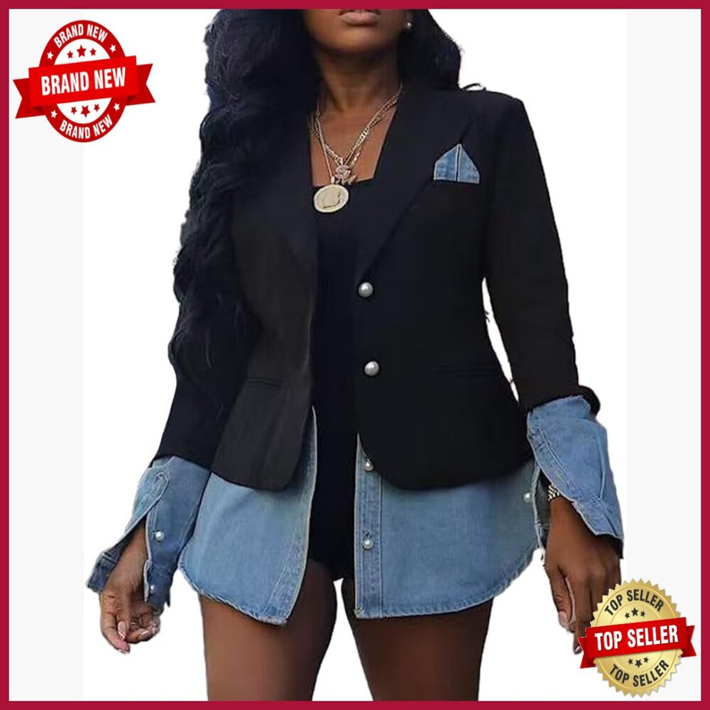 Women's Denim Patchwork Blazer Jacket Long Sleeve… - image 1